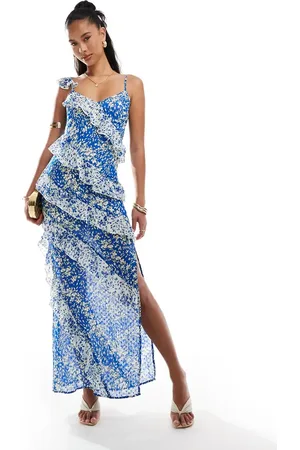 Style Cheat Ruffle cami maxi dress in blue & cream floral print