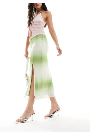 Monki Mesh midi skirt with side split in green ombre stripe