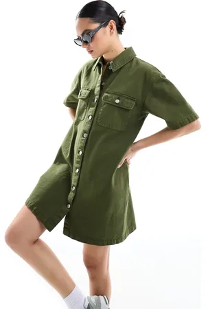 Miss Selfridge Oversized short sleeve denim shirt dress in khaki