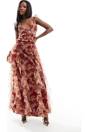 Lace & Beads Ruffle midaxi dress in deep rose print