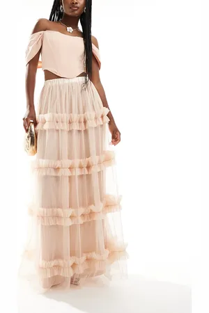 Lace & Beads Tiered tulle ruffle maxi skirt in cream