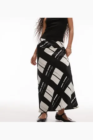 Topshop Satin bias skirt with printed check in mono
