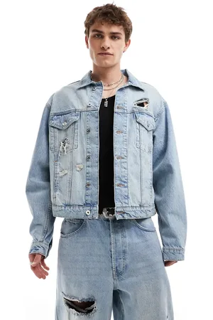 COLLUSION Co-ord denim trucker jacket with rips in lightwash