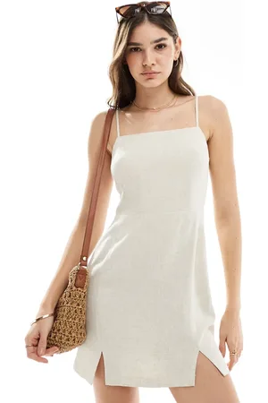 Miss Selfridge Linen strappy split hem mini dress in natural slub
