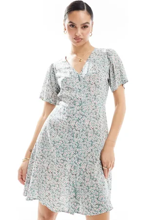 ONLY V neck tie waist mini dress in sage floral