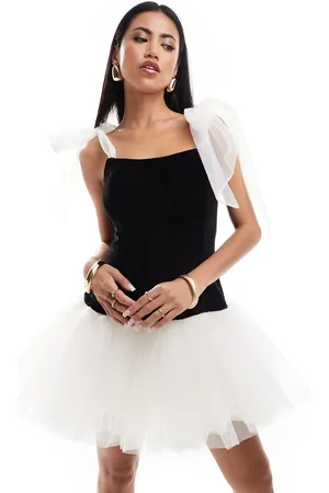 Lace & Beads Contrast bow sleeve mini dress in