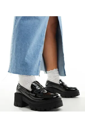 ASOS Wide Fit Script chunky mid heeled loafers in patent