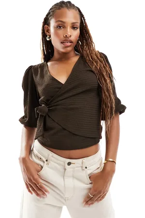 JDY Textured wrap crop top with tie front detail in