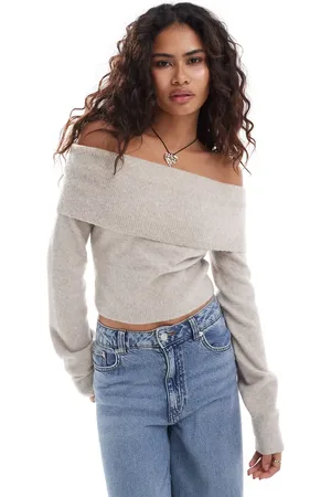 Weekday Lolo off shoulder knitted jumper in beige melange
