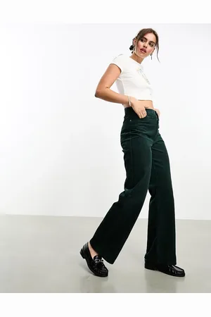 Monki Yoko wide leg cord trousers in forest