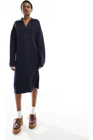 Monki Knitted polo collar midi long sleeve dress in