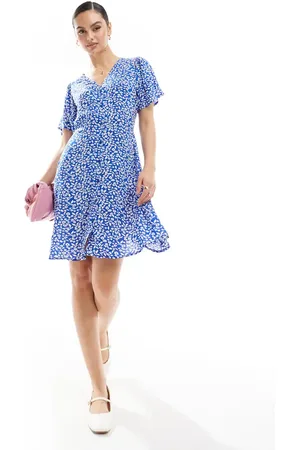 ONLY V neck tie waist mini dress in dark floral