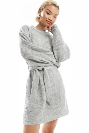 Glamorous Rib knit tie waist mini knitted dress in marl