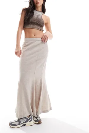 Monki Longline linen maxi tube mermaid skirt in beige