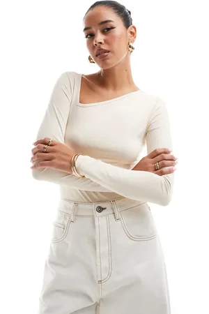 Threadbare Stretch bodysuit with slash neck in ecru
