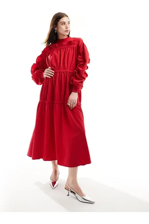 Ghospell Ruched ruffle sleeve midi dress in