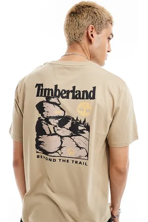 Timberland Large boulder back print oversized t-shirt in beige Exclusive to Asos