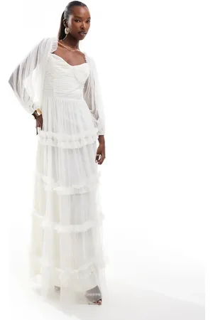 Lace & Beads Long sleeve ruffle maxi dress in ivory