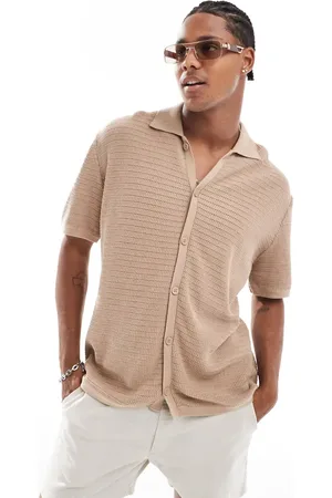 Bershka Button through knitted shirt in sand