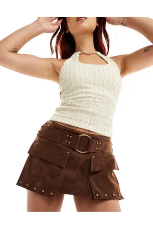 Free People Studded suede mini skort with buckle in chocolate