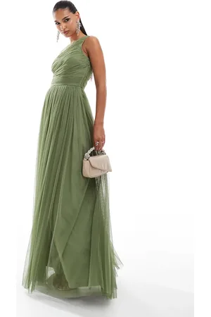 Lace & Beads Bridesmaid one shoulder tulle maxi dress in soft olive