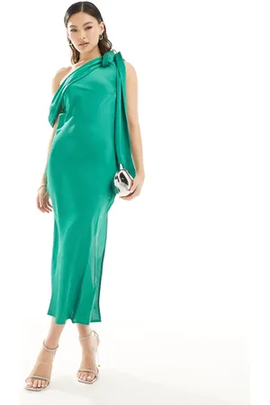In The Style X Terrie Mcevoy satin draped neckline asymmetric midi dress in