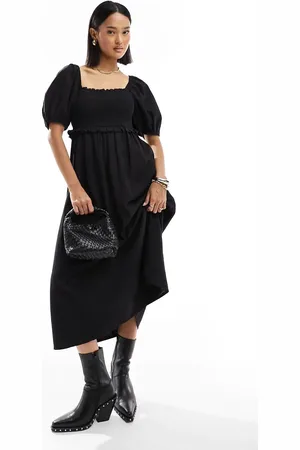 New Look Shirred puff sleeve linen blend midi dress in