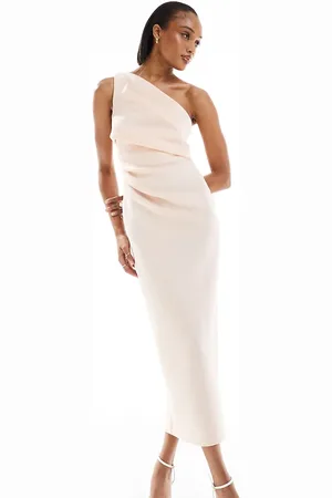 ASOS ASOS DESIGN Tall pleated one shoulder midi dress in cream