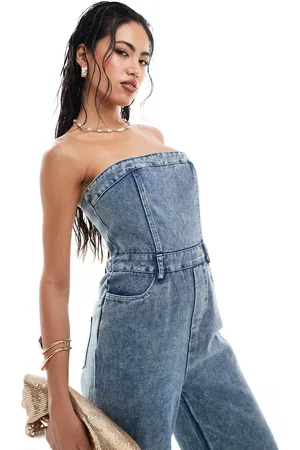 Missyempire Bandeau denim jumpsuit in bleach wash