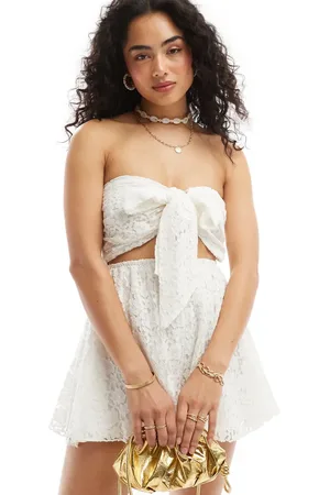 Miss Selfridge Beach lace tie front playsuit in cream