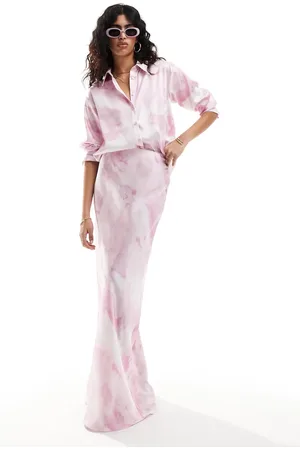 Style Cheat Satin maxi skirt in pink smudge print co-ord