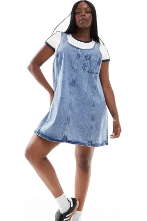 Noisy May Denim pinafore dress in mid wash