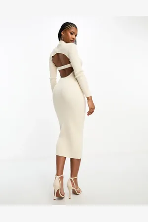 Simmi London Simmi knitted open back midi jumper dress in stone