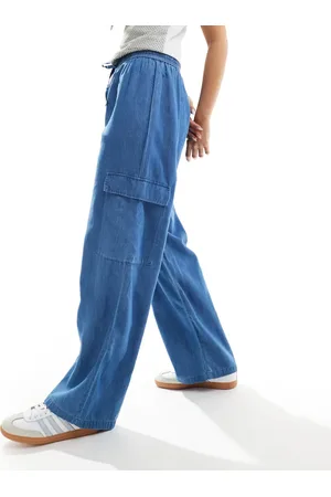 ONLY Marla wide leg denim cargo trousers in mid