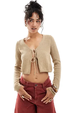 MANGO Tie front cardigan in beige