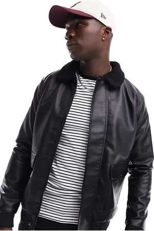 French Connection Tall faux leather flight jacket with borg collar in dark
