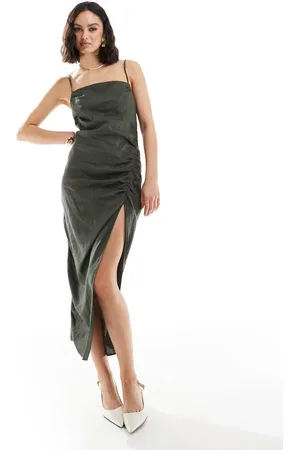 MANGO Linen ruched side cami midi dress in khaki