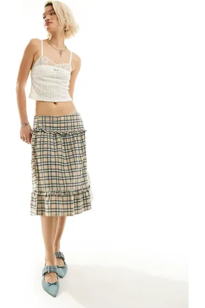 Motel Ruffle check print knee length skirt in pastel
