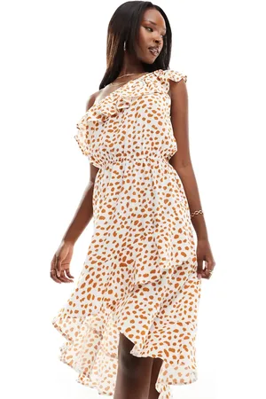 Ax Paris Ruffle one shoulder tiered midi dress in cream and brown spot print