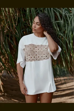 4th & Reckless X Loz Vassallo soleil crochet panel beach t-shirt co-ord in cream