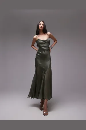 Topshop Premium mixed fabric godet hem midi dress in khaki