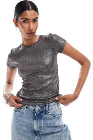 VERO MODA Coated metallic t-shirt in asphalt
