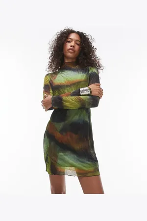 Topshop Long sleeve crinkle mini dress in grunge print in
