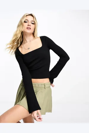 COLLUSION Long sleeve rib square neck top in