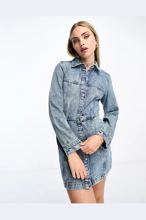 Monki Denim panelled mini shirt dress in washed blue