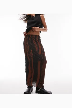 Topshop Textured plisse curved line print midi skirt in rust
