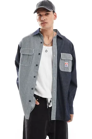 Wrangler Casey Jones workwear colourblock stripe/plain denim shirt relaxed fit in dark wash