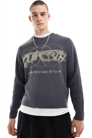 Bershka Ribbed graphic jumper in charcoal