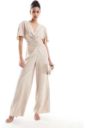 ASOS Ruched front cut out back jumpsuit in beige