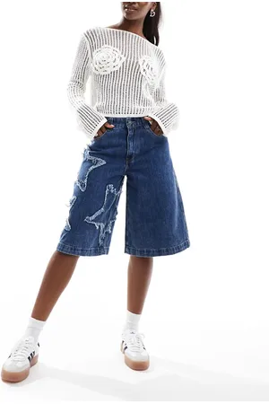 Minga London star patch denim long shorts in mid wash